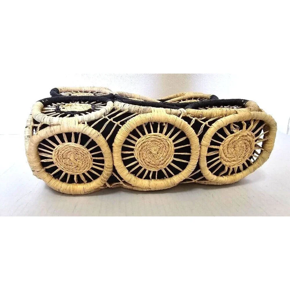 Tommy Bahama Women's Black Tan Medallion Straw Ring Handle Basket Tote B…
